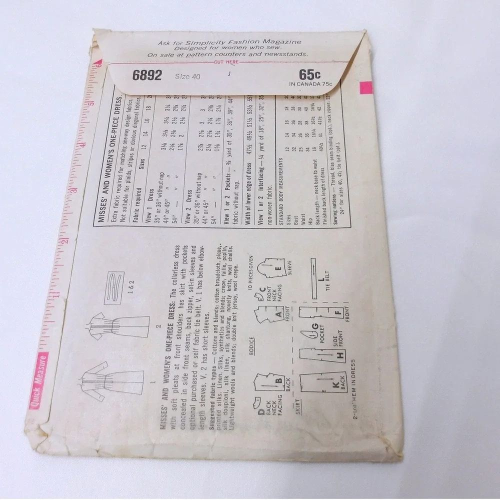 Simplicity Sewing Pattern Dress Vintage 6892 Women's Dress /‎ # 6892
